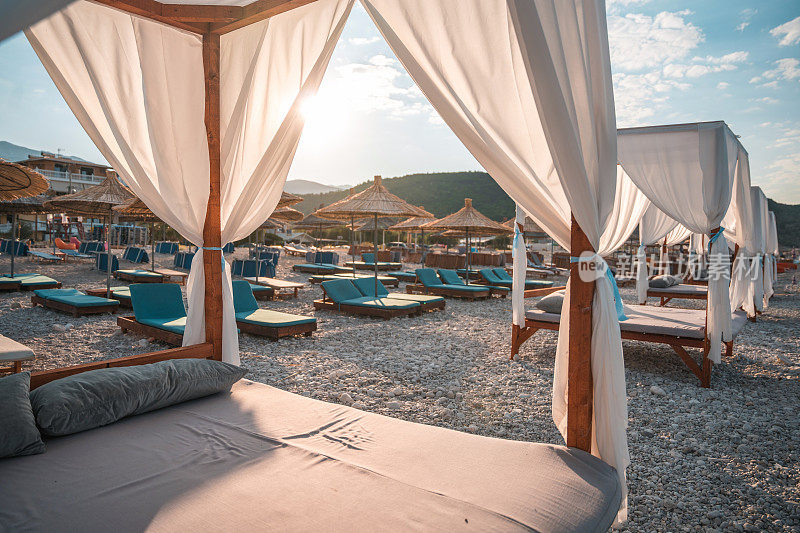 White Canopies On The Beach In Himarë, Albania